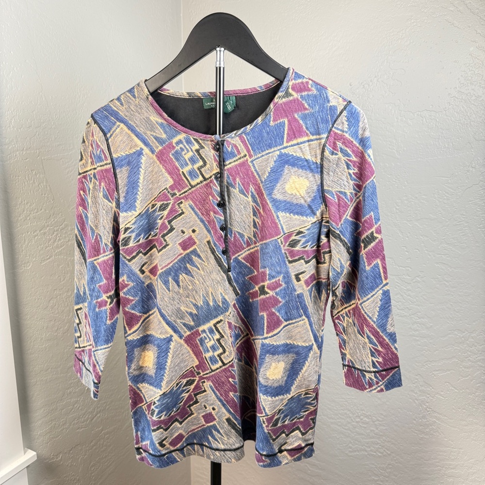 LRL Lauren Jeans Co Ralph Lauren Southwestern Aztec Print Henley Top Size L